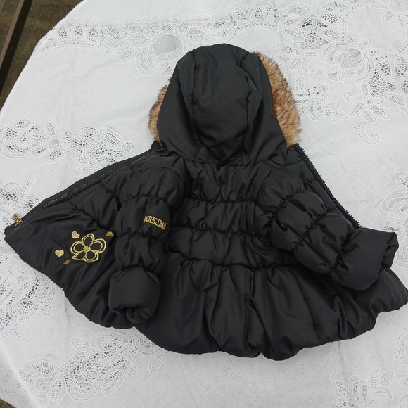 PacificTrail 6 Month Black Puffer Jacket Leopard Print Faux Fur Trimmed Hood - Picture 2 of 13